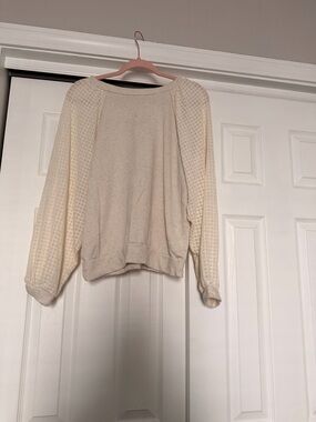 Pleione Cream Scoop-Neck Lightweight Waffle-Sleeve Sweater
